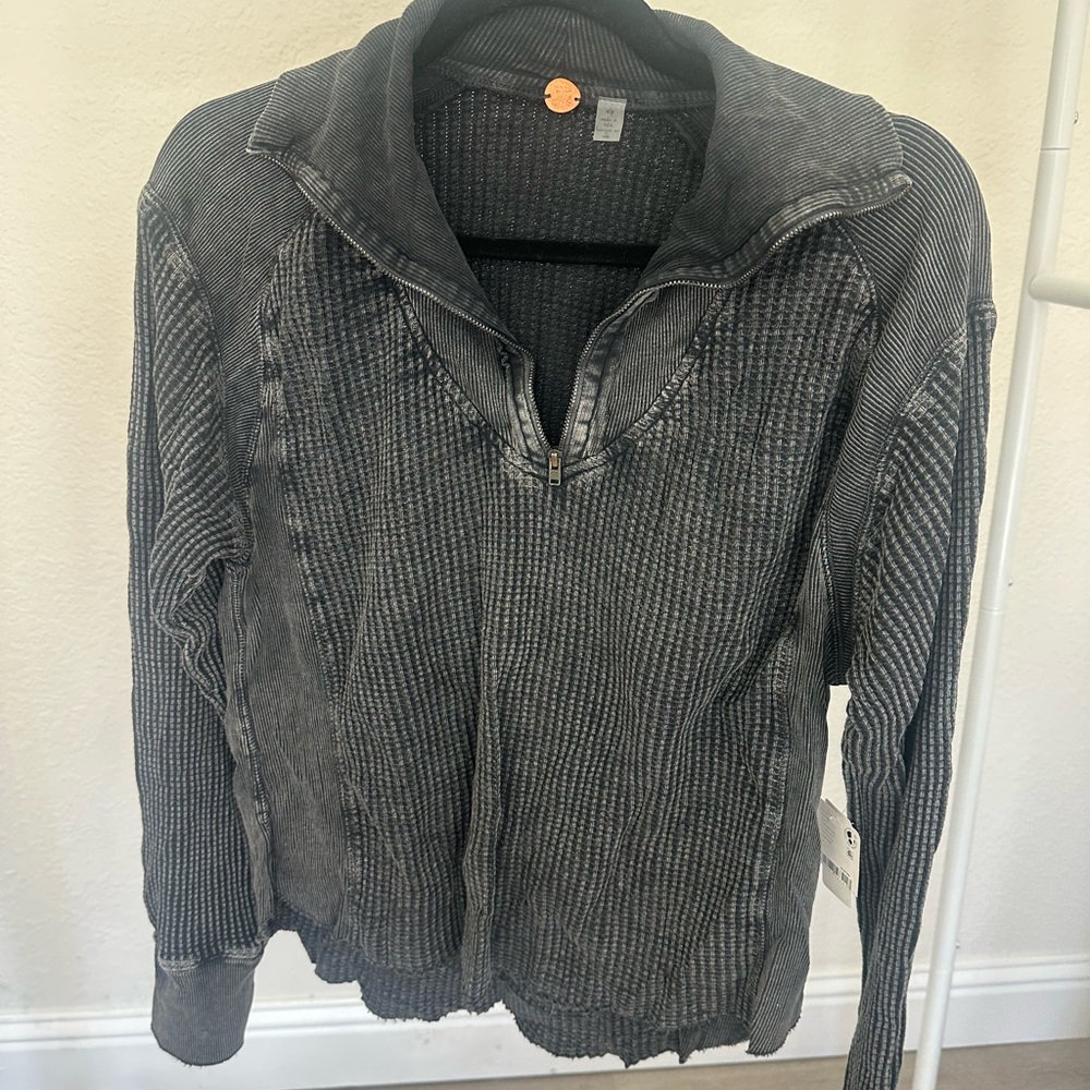 Free People Washed Black Half-Zip Waffle Knit Pullover
